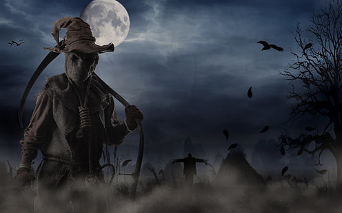 Grim Reaper nära bladlöst träd under fullmåne digital tapet, mörk, konstnärlig, ond, Grim Reaper, skräck, fågelskrämma, läskig, spöklik, HD tapet HD wallpaper