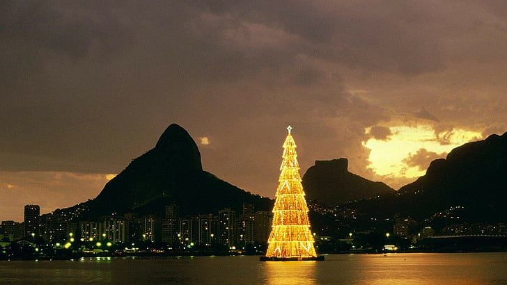 Río de Janeiro, Brasil, árbol de navidad, bahía, puesta de sol, paisaje, ciudad, Fondo de pantalla HD