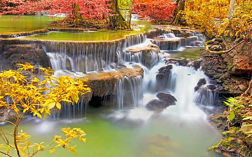 cachoeiras claras, paisagem, natureza, colorido, cachoeira, árvores, outono, raízes, tailândia, HD papel de parede HD wallpaper