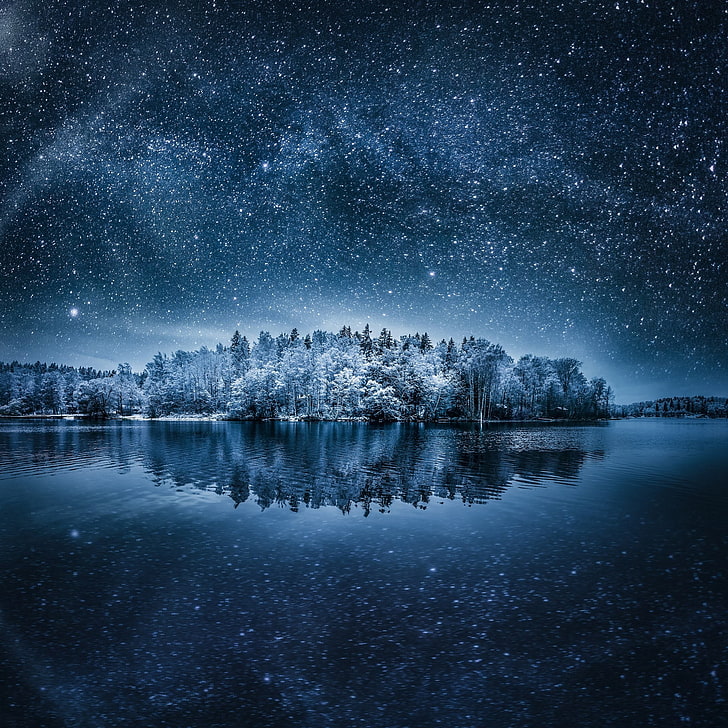 горска илюстрация, нощ, пейзаж, зима, звезди, природа, HD тапет