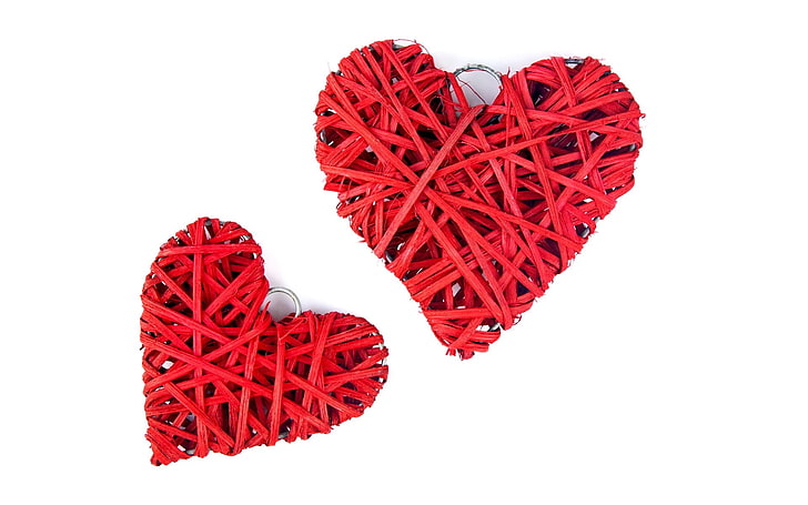 두 개의 하트 모양의 빨간색 액세서리, 사랑, 심장, HD 배경 화면