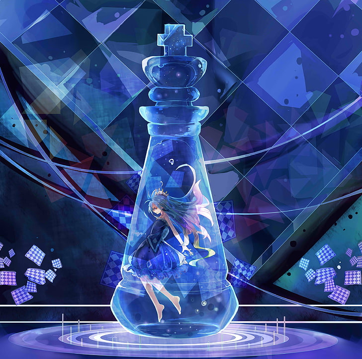 personnage féminin anime dans le fond d'écran numérique bleu pièce d'échecs en verre de verre, No Game No Life, Shiro (no Game No Life), bleu, échecs, cheveux bleus, anime, filles anime, Fond d'écran HD