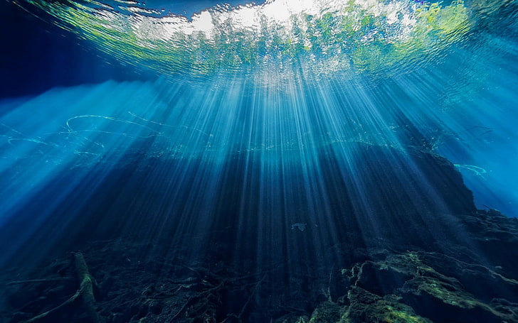 природа, под вода, слънчева светлина, слънчеви лъчи, синьо, кристал, HD тапет
