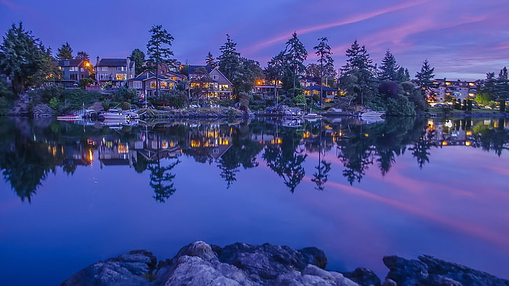 jezioro, piękny, uroczy, światła, dom, Kanada, miasto, kolumbia brytyjska, atrakcja turystyczna, rzeka, odbicie, wieczór, liść, drzewo, arteria wodna, zbiornik wodny, niebo, natura, woda, wyspa Vancouver, Tapety HD