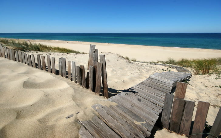 пляж, песок, море, деревянный забор, ветрено, HD обои