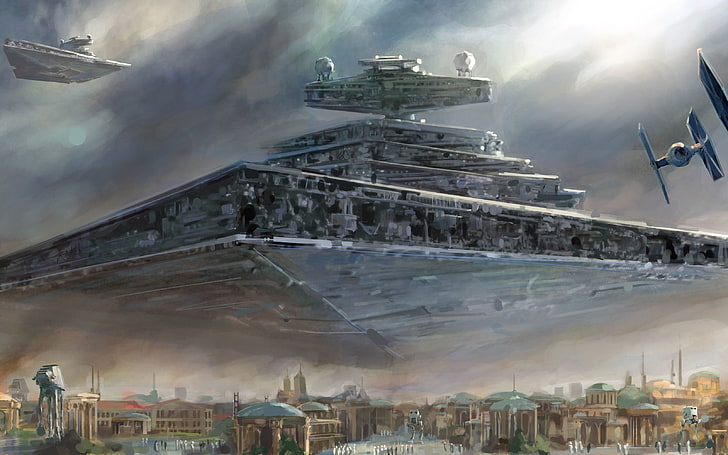kolaż statków, Star Wars, Star Destroyer, statek kosmiczny, TIE Fighter, malowanie, Tapety HD