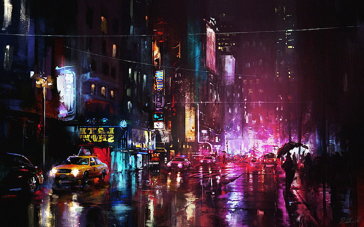 poster mobil di jalan, Cityscape, lukisan, jalan, tanda-tanda, hujan, Darek Zabrocki, malam, perkotaan, warna-warni, karya seni, Wallpaper HD