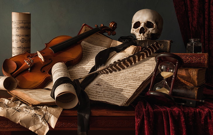 кафява и черна цигулка, бележки, писалка, цигулка, книги, череп, натюрморт, пясъчен часовник, ръкописът, HD тапет