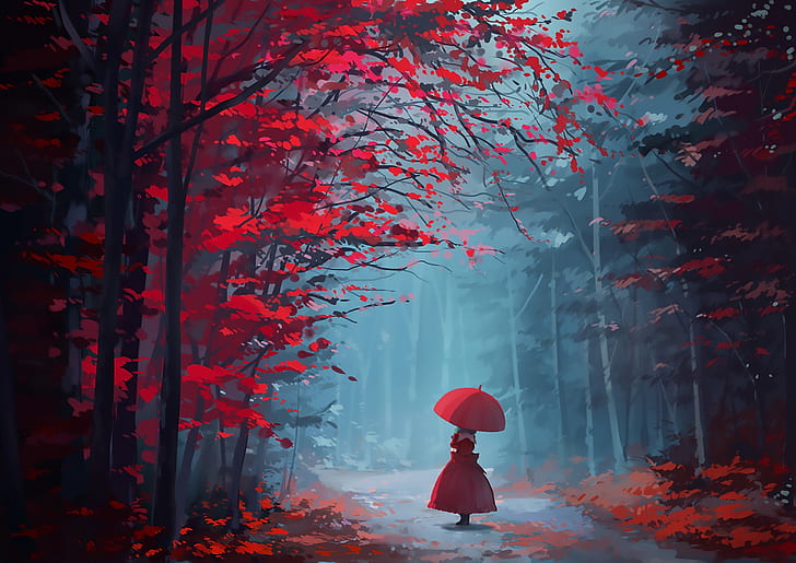히나 카기 야마, 우산, 가을, 나무, 작품, 드레스, 동방, 애니메이션, HD 배경 화면