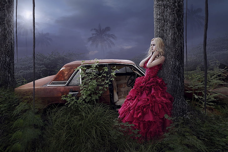 czerwona i czarna damska sukienka bez rękawów w kwiaty, grafika, sztuka fantasy, Tapety HD