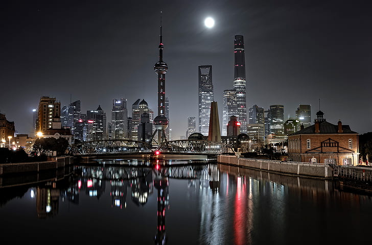 ночь, мост, город, огни, Китай, Шанхай, HD обои