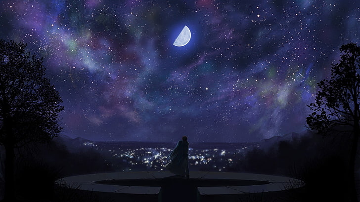jubah putih, anime, langit, Bulan, awan, kota, Wallpaper HD