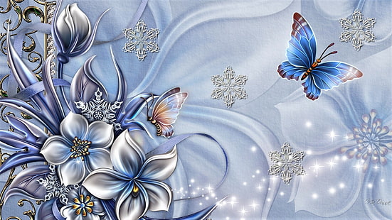 Artistic, Winter, Butterfly, Flower, HD wallpaper HD wallpaper