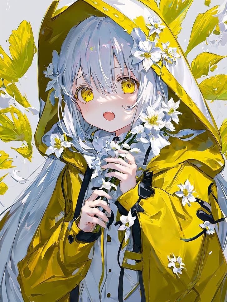 garotas de anime, cabelo branco, flores, capa de chuva amarela, HD papel de parede, papel de parede de celular