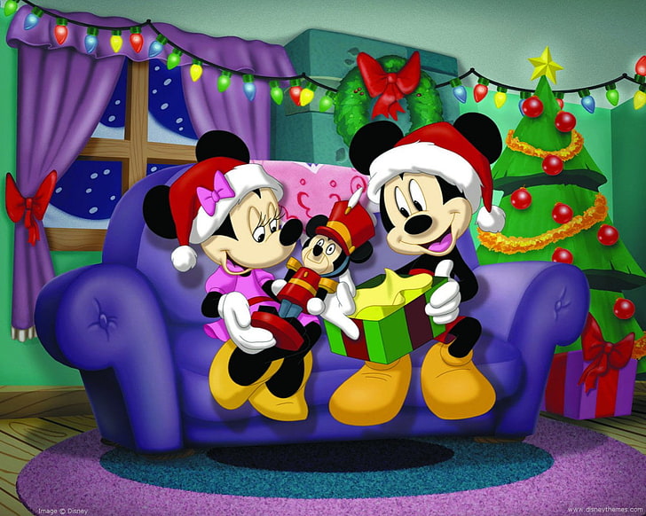 休日、クリスマス、クリスマスツリー、ミッキーマウス、ミニーマウス、サンタ帽子、 HDデスクトップの壁紙