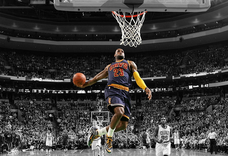 LeBron James wallpaper slamdunk, LeBron James, NBA, bola basket, lingkaran, pewarnaan selektif, Wallpaper HD