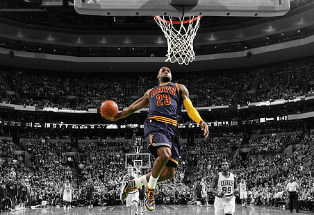LeBron James wallpaper slamdunk, LeBron James, NBA, bola basket, lingkaran, pewarnaan selektif, Wallpaper HD HD wallpaper