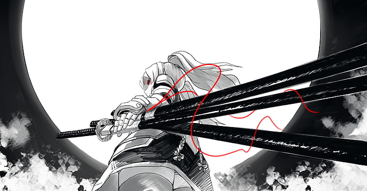 weibliche Anime-Figur mit Schwertern digitale Tapete, Zeichnung, digitale Kunst, Samurai, Schwert, Katana, dunkel, Anime, selektive Färbung, Anime Mädchen, originelle Charaktere, HD-Hintergrundbild