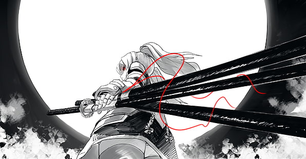 personnage d'anime féminin tenant des épées papier peint numérique, dessin, art numérique, samouraï, épée, katana, sombre, anime, coloration sélective, filles d'anime, personnages originaux, Fond d'écran HD HD wallpaper