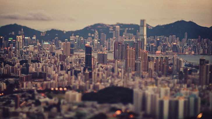 wieżowce, miasto, Hongkong, tilt shift, pejzaż miejski, drapacze chmur, Tapety HD
