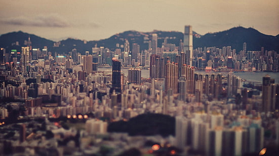 bangunan bertingkat tinggi, kota, Hong Kong, pergeseran kemiringan, lanskap kota, pencakar langit, Wallpaper HD HD wallpaper