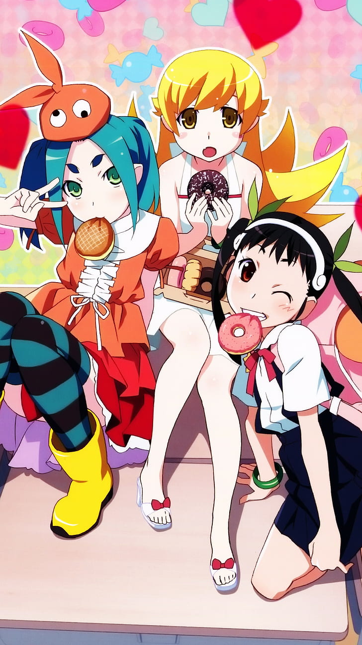 Hachikuji Mayoi, Monogatari Series, Ononoki Yotsugi, Oshino Shinobu, anime girls, วอลล์เปเปอร์ HD, วอลเปเปอร์โทรศัพท์