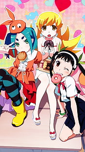 Hachikuji Mayoi, série Monogatari, Ononoki Yotsugi, Oshino Shinobu, garotas de anime, HD papel de parede HD wallpaper