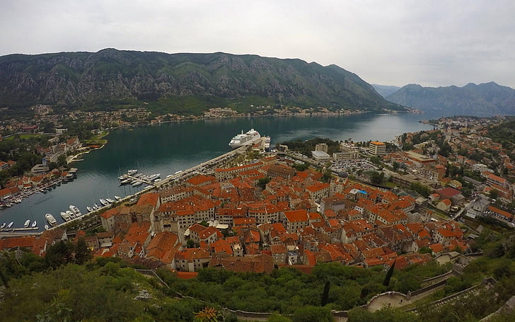 Котор (град), Черна гора, град, море, река, скала, кораб, круизен кораб, док, HD тапет