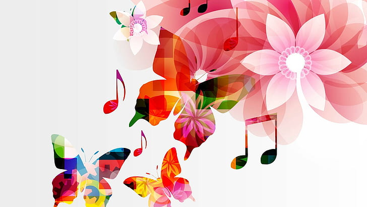 Melody Of Butterflies, music notes with flower illustration, bright, music, pink, flowers, abstract, play, colorful, song, musical notes, summer, melody, 3d and abs, HD wallpaper