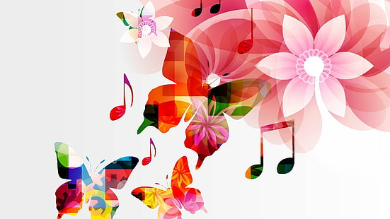 Melody Of Butterflies, noter med blommaillustration, ljus, musik, rosa, blommor, abstrakt, spela, färgrik, sång, musiknoter, sommar, melodi, 3d och abs, HD tapet HD wallpaper