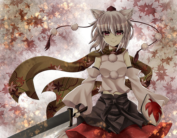video games touhou leaves skirts weapons shield animal ears red eyes short hair bows maple leaf scar Art Touhou HD Art , Video Games, Touhou, HD wallpaper