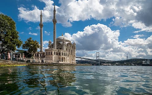 chmury, most, cieśnina, meczet, Stambuł, Turcja, Most Bosforski, Meczet Ortaköy, Пролив Босфор, Мечеть Ортакёй, cieśnina Bosfor, Tapety HD HD wallpaper