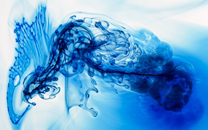 blaue und weiße Blumentextilien, Farbe in Wasser, Tinte, abstrakt, blau, diffus, HD-Hintergrundbild