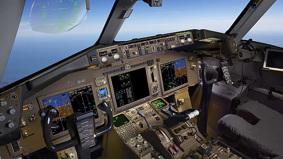 airplane, technology, cockpit, chair, monitor, buttons, multiple display, Boeing 767, HD wallpaper HD wallpaper