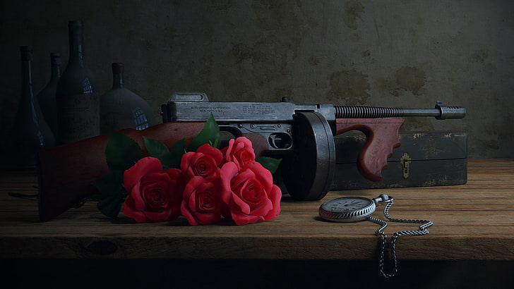 gun, machine gun, old, photography, pocket watch, watch, bunch of roses, rose, bottles, history, HD wallpaper