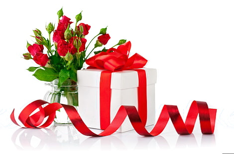 white and red gift box, flowers, gift, roses, rose, bow, valentine's day, HD wallpaper HD wallpaper