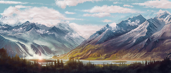 lukisan pemandangan gunung, seni digital, gunung, hutan, awan, sungai, langit, karya seni, Wallpaper HD