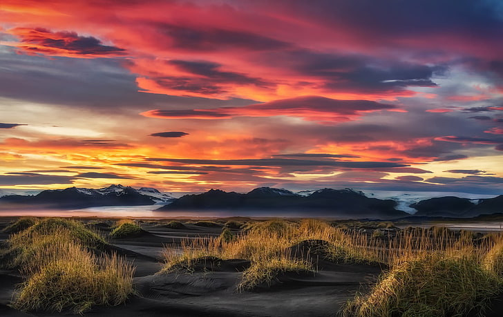 ภาพวาดนามธรรมสีแดงและสีเหลืองธรรมชาติท้องฟ้าเมฆแสงแดดภูมิทัศน์, วอลล์เปเปอร์ HD