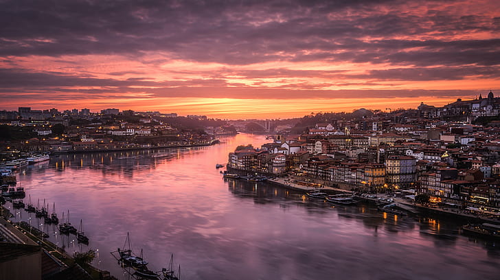 the sky, light, the city, river, home, the evening, Portugal, Port, the Douro river, HD wallpaper