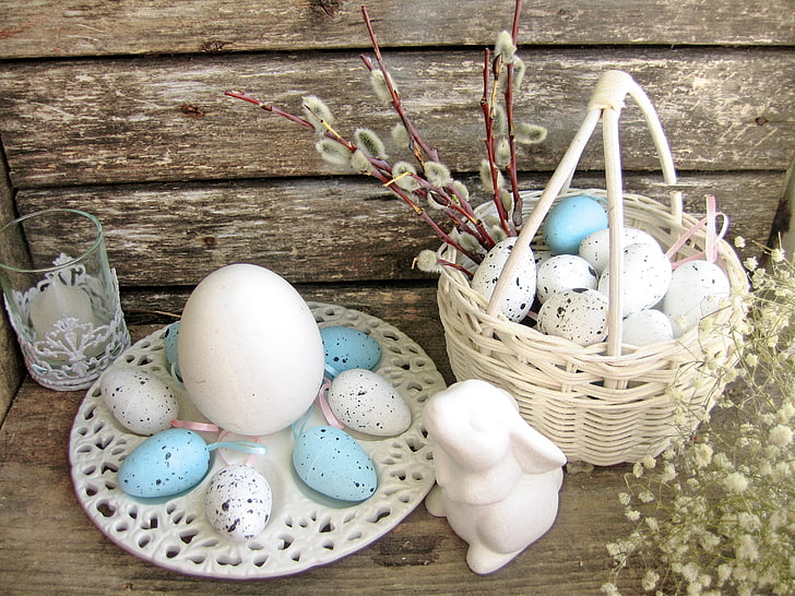 白と青の装飾的な卵、花、木、卵、春、イースター、パステル、青、繊細な、 HDデスクトップの壁紙