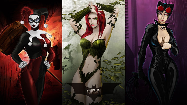 Wallpaper digital DC Sirens villain, Catwoman, Harley Quinn, Selina Kyle, Poison Ivy, Pamela Isley, Wallpaper HD