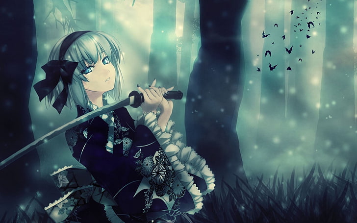 Konpaku Youmu, Anime, Anime Girls, Katana, Touhou, Schwert, Kimono, Wald, Bäume, HD-Hintergrundbild