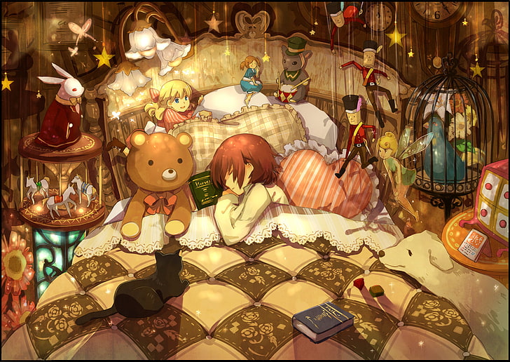 аниме, иллюстрации персонажей, животные, игрушки, постель, подушка, мальчик, девочка, книги, много, сон, HD обои