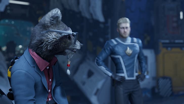 Guardians of the Galaxy (игра), Milano (космически кораб), миещи мечки, костюми, слънчеви очила, Rocket Raccoon, Star-Lord, CGI, екранна снимка, страничен изглед, HD тапет
