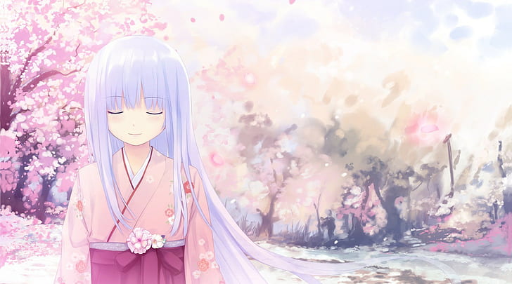 kimono, anime, anime dziewczyny, fioletowe włosy, długie włosy, zamknięte oczy, Tapety HD