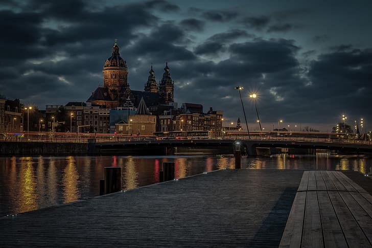 river, building, Marina, home, pier, Amsterdam, Church, Cathedral, Netherlands, night city, The Church Of St. Nicholas, River IJ, Prins Hendrikkade, The River Hey, Basilica of St. Nicholas, HD wallpaper