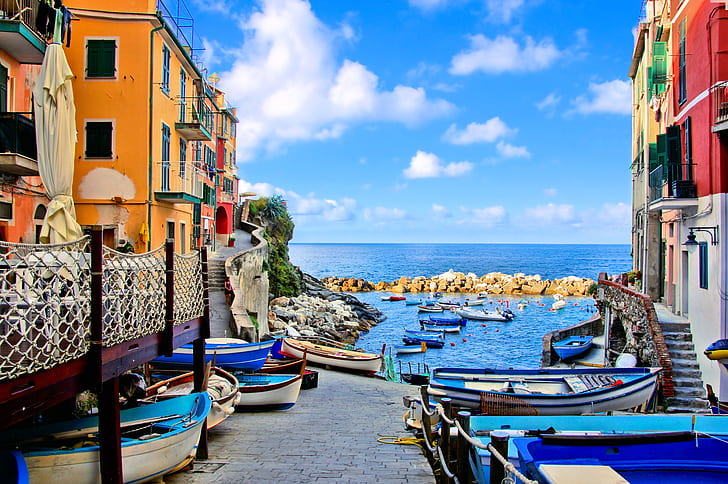 sea, coast, Villa, boats, Italy, houses, Riomaggiore, travel, HD wallpaper