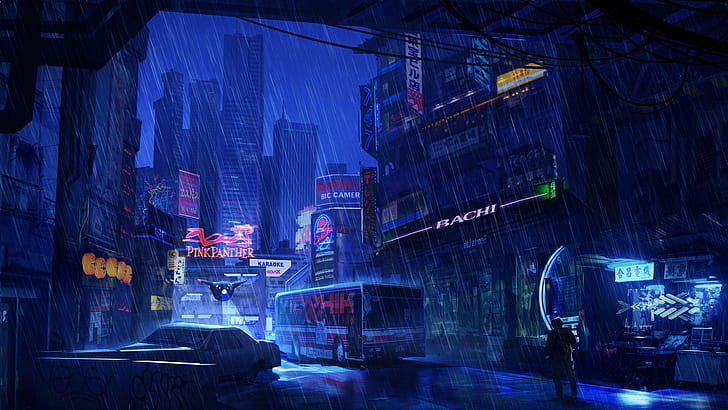 obra de arte, futurista, ciudad futurista, noche, lluvia, oscuro, azul, Fondo de pantalla HD