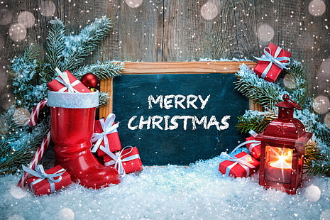 merry Christmas greeting decor, winter, snow, decoration, tree, New Year, Christmas, Merry Christmas, Xmas, HD wallpaper HD wallpaper