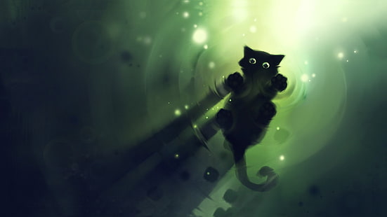 черная кошка цифровые обои, простой, произведение искусства, Apofiss, вода, черные кошки, кошка, рябь, тень, огни, зеленый, животные, HD обои HD wallpaper